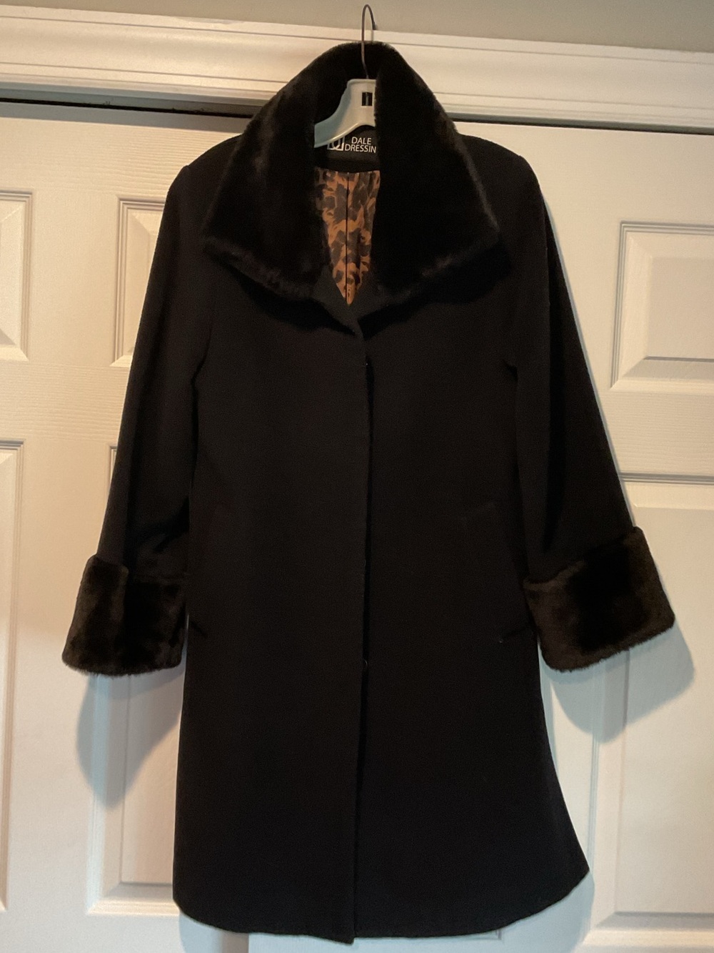 Dale Dressin Vintage Black Penny Lane Angora Wool Fur Trim Trench Coat sz S